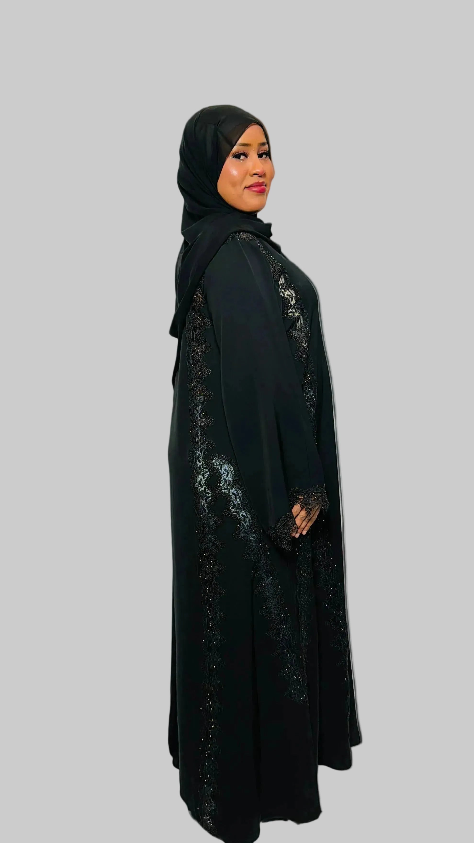 Midnight Lace Trimmed Abaya - Elegant Modest Wear