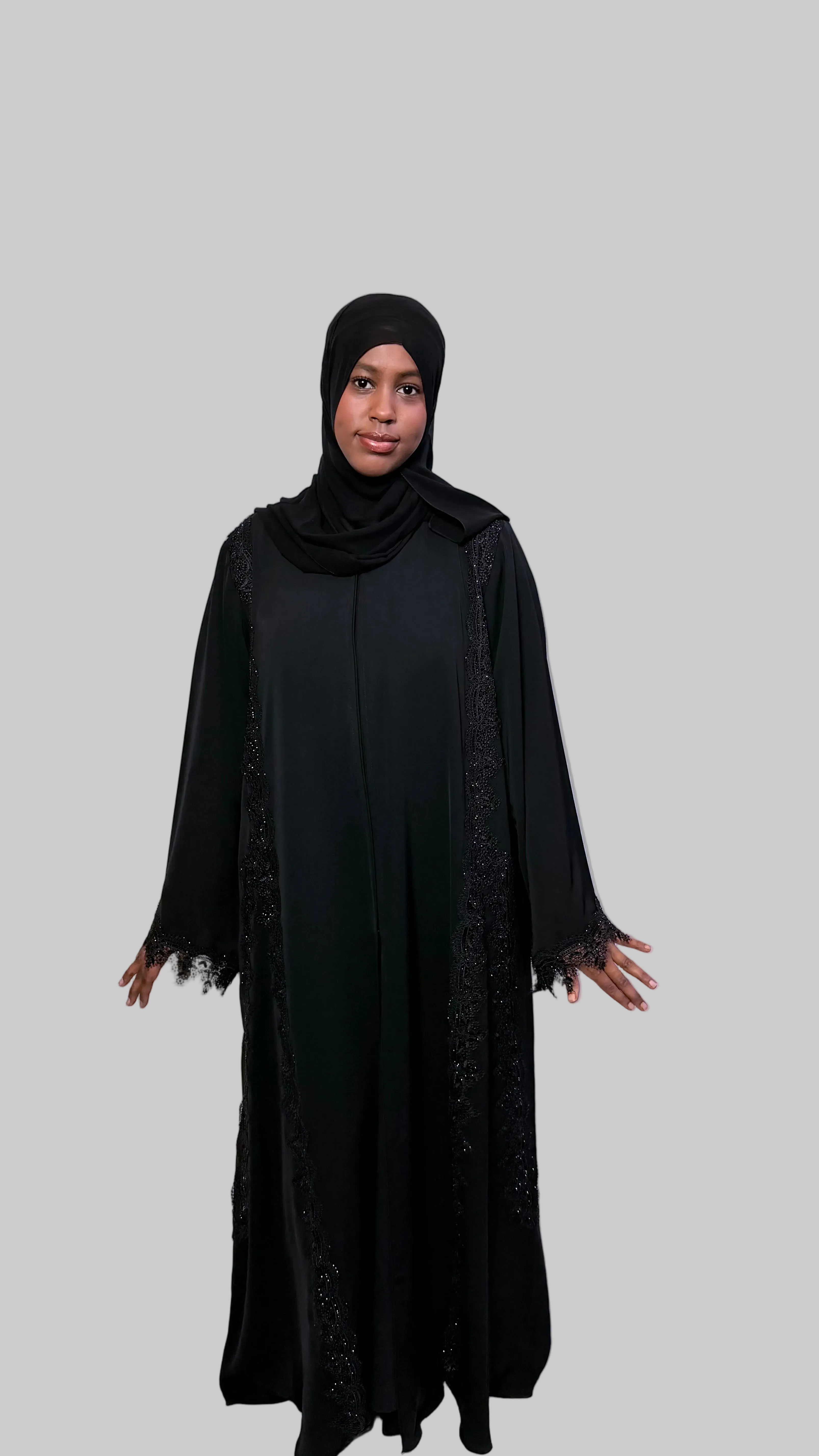 Midnight Lace Trimmed Abaya - Elegant Modest Wear